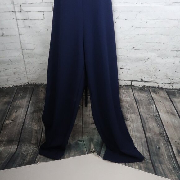 BEBE NAVY BLUE HIGH NECK HALTER RUFFLE OPEN BACK WIDE LEG JUMPSUIT SIZE 10 - Picture 6 of 9
